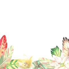 Obraz premium A hand-painted square frame of red, yellow, and green feathers with scarlet and white lilies on an isolated background. Simple boho-inspired frame clip art for design, cards, and invitations