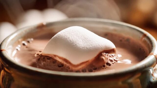 A close-up view of a mug filled with rich hot chocolate topped with a toasted marshmallow and surrounded by more marshmallows