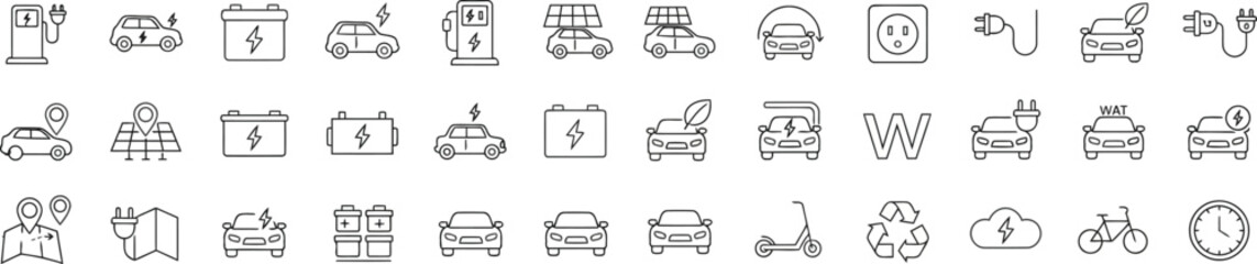 EV Icons: A comprehensive array of electric vehicle icons, perfect for representing the future of transportation and sustainability.