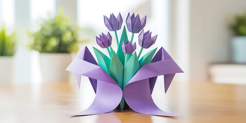 Beautiful bouquet of purple origami tulips with green leaves and flowing ribbons on a wooden table