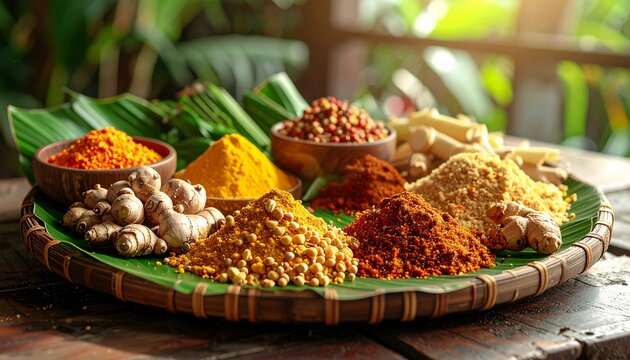 a pile of bright yellow turmeric powder, red chili powder, and coriander seeds, surrounded by fresh ginger rhizomes, dried ginger chunks, and pink peppercorns.&nbsp;The background is a soft blurt