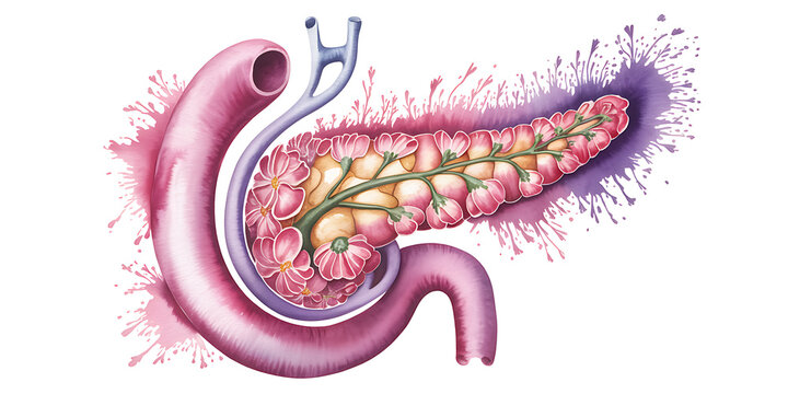 Artistic watercolor illustration of the human pancreas organ with flowers and duct isolated on transparent background