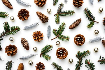 Vibrant ladybugs scattered among festive green pine cones and holly berries on a white background