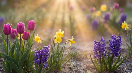 Obraz premium Hyper-detailed macro capture of tulip daffodil and hyacinth carpet at 