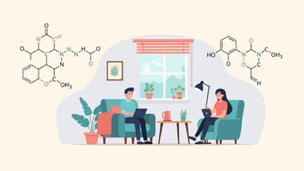 Naklejka premium Two people working remotely in a cozy living room with chemical structures