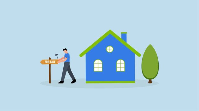 Home for sale, 4k animation of homeowner hammer a sale sign in front of his house.
