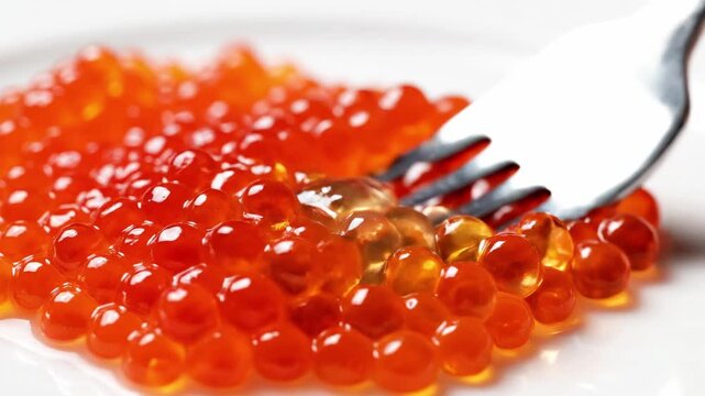 A black fork picking red caviar from a white plate