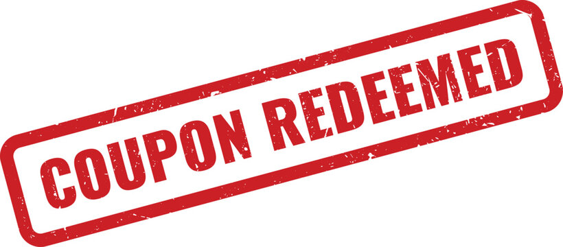 Red Coupon Redeemed Rubber Stamp on White Background Indicating Discount Claimed