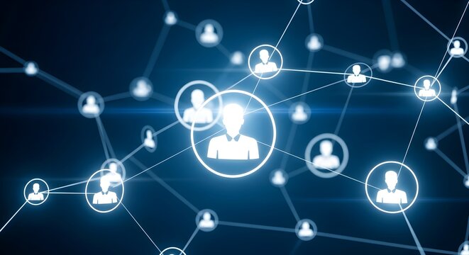 Glowing white network of interconnected people icons on a dark blue background with a central highlighted profile.