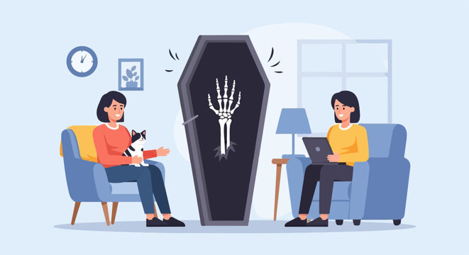 Two women, one holding a cat, and a coffin with a skeleton hand