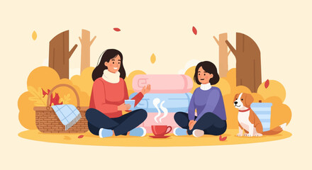 Fototapeta premium Two women share coffee outdoors with a dog and autumn leaves