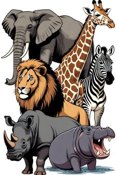 Berbagai hewan safari yang berwarna-warni berkumpul dalam ilustrasi yang dinamis.