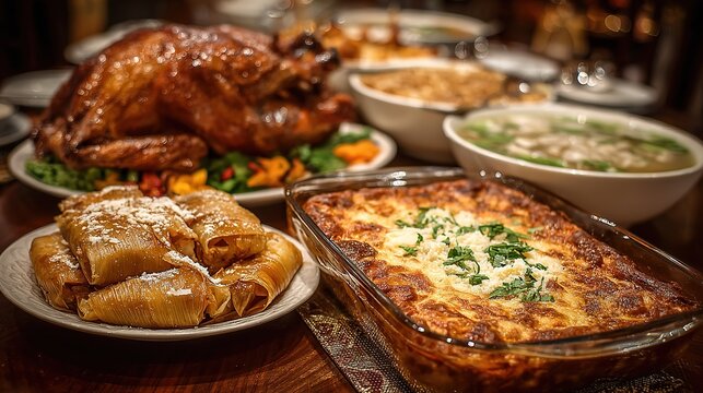Traditional Holiday Family Feast: Roasted Turkey and Dishes Food Photography
