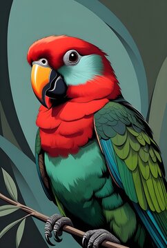 Burung beo yang berwarna cerah bertengger di dahan dengan bulu-bulu yang berwarna-warni.
