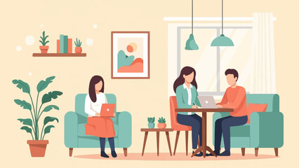 Fototapeta premium Two women and one man work remotely in a comfortable living room