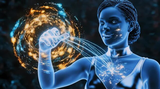 Woman manipulating data, Female operator managing luminous data orb with gestures, Female user interacts with glowing orbital data sphere through intuitive gestures and virtual tools
