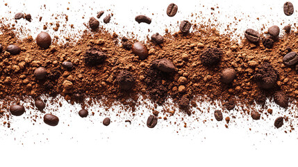 Close-up view of roasted coffee beans and ground powder on a black background