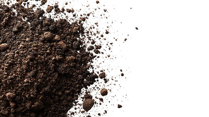 Close-up of dark, loose earth with specks against a stark black background