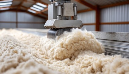 Shearing machine is processing wool in a textile facility, showcasing the texture and flow of the fibers during the wool production process