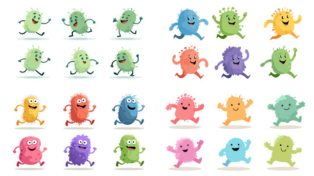 Cute cartoon monster characters showing movement actions and fun poses. Playful colorful creatures perfect for kids games animations stickers and lively illustration sets.