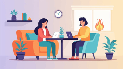Fototapeta premium Two women collaborating on laptops at a table in a cozy, plant-filled room with a clock