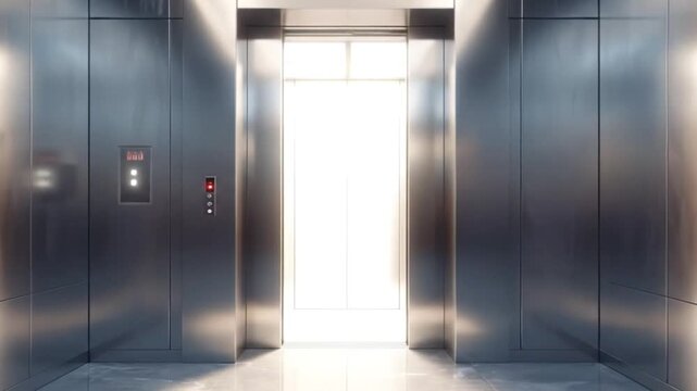 Modern elevator interior with stainless steel doors and illuminated ceiling, creating a sleek ambiance.