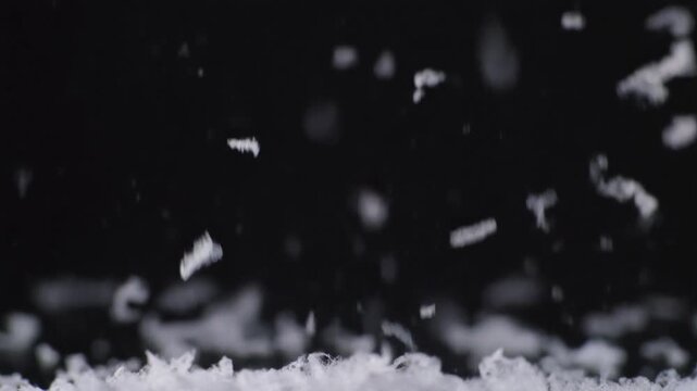 A mesmerizing display of white flecks against a stark black background, with the flecks densely packed at the bottom and scattered, fading into the darkness towards the top