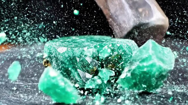 A hammer hitting an emerald gemstone, causing it to shatter and release fragments