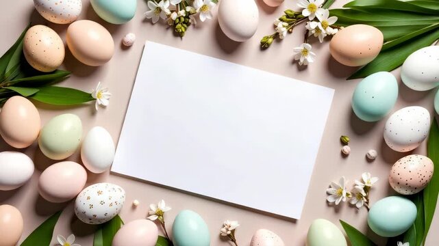 Easter eggs and spring flowers with blank paper for text greeting
