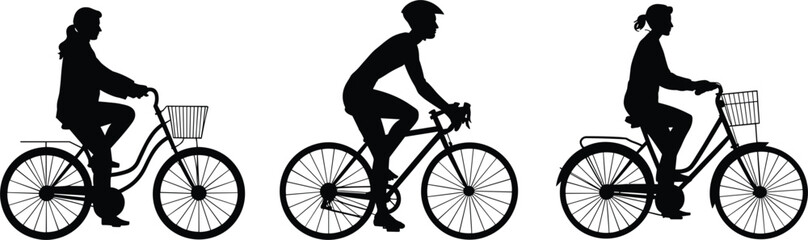 Obraz premium Silhouettes of three people riding bicycles on white background bike