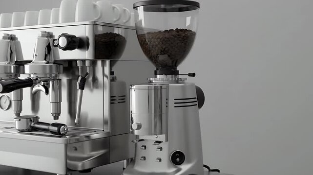 Professional coffee machine and grinder on a light backdrop