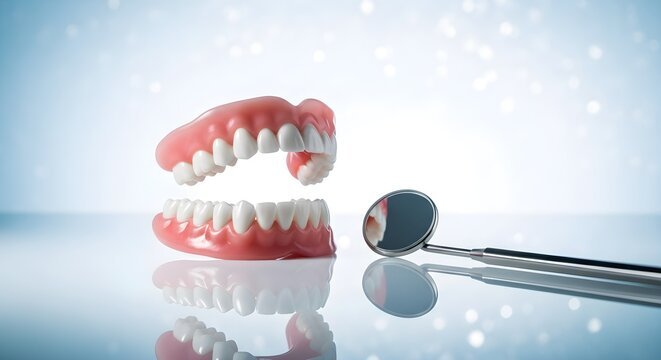 Full Set of Dentures with a Dental Mirror on a Reflective Surface and Blue Background