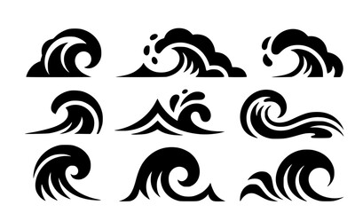 Fototapeta premium Black and white wave collection featuring ocean surf curls, sea splash graphics, water ripple designs for nautical logos, marine tattoos, and coastal branding elements