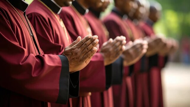 Group of men in clerical robes with hands clasped in prayer outdoors