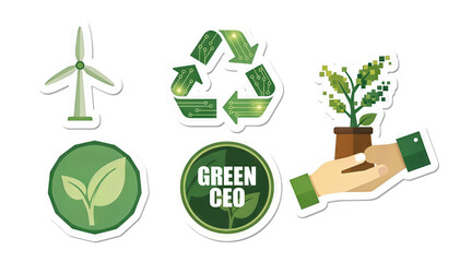Sustainable business sticker set with wind turbine and green ceo badge for Earth Day awareness