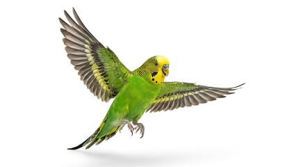 Colorful green parakeet with yellow head and spread wings in mid-flight isolated on a white background png with transparency