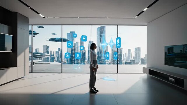 Businesswoman in modern office gesturing at augmented city data overlay with skyline view roles include urban planner, mobility strategist, smartcity manager panoramic windows, drone