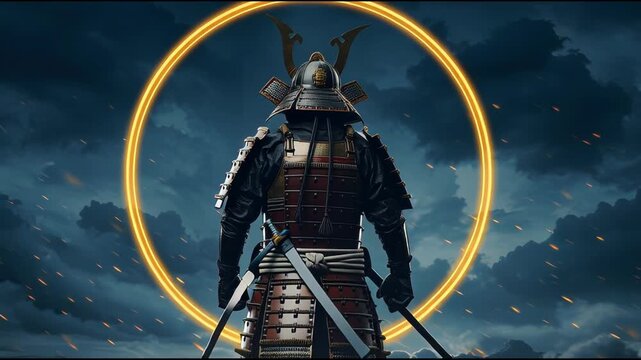 Displaying a lone armored samurai warrior standing with swords in a dramatic stormy scene