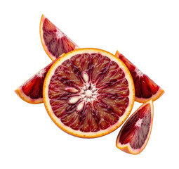 Blood orange slices on fruit photography close-up isolated on transparent background