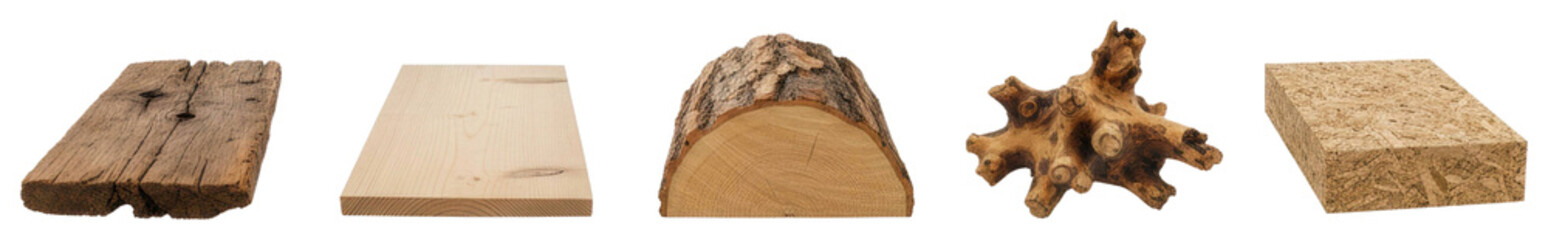 Workshop image set exploring different wood samples in close-up isolated on transparent background