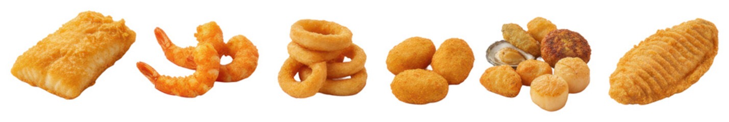 Coastal location close-up photography of fried seafood snacks isolated on transparent background