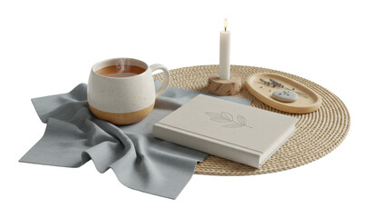 Cozy tea setup with candle and notebook home still life relaxing isolated on transparent background