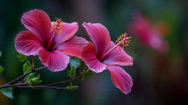 lose-up cinematic view of vibrant pink hibiscus flowers against a dark background. Ideal for tropical, floral, romantic, beauty, and elegant nature-themed video projects.