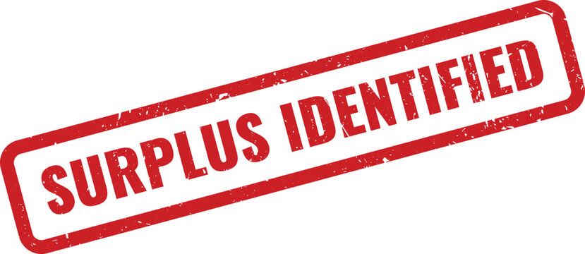 Red Surplus Identified Rubber Stamp on White Background Indicating Excess Resources