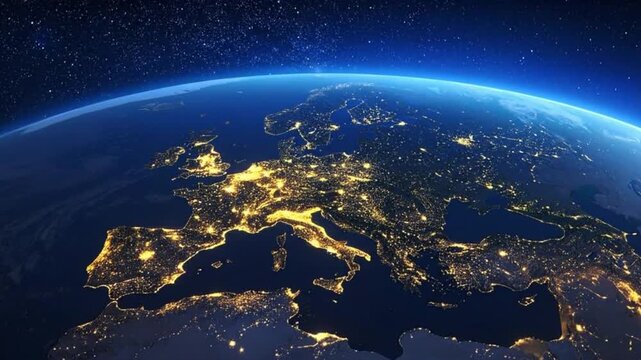 Spectacular view of Europe from space at night, city lights illuminating the continent.