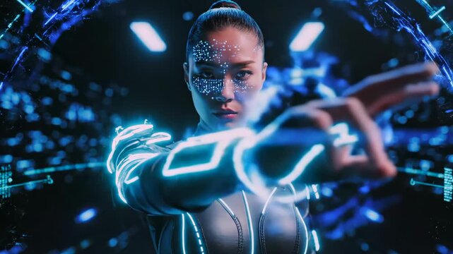 East asian woman in neonlined suit calibrates holographic gauntlet inside glowing ring, intense focused expression, digital circuits and energy ribbons swirl, hightech combat training
