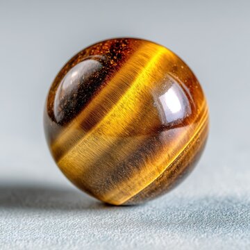Close-up of a golden-brown tiger's eye sphere with chatoyancy and warm glow