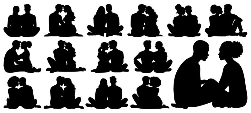 Romantic Couple Silhouettes Set Sitting and Talking Together for Relationship Concepts on Transparent Background