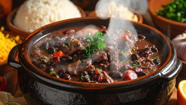 Traditional Brazilian feijoada stew served in a rustic ceramic pot, garnished with parsley.