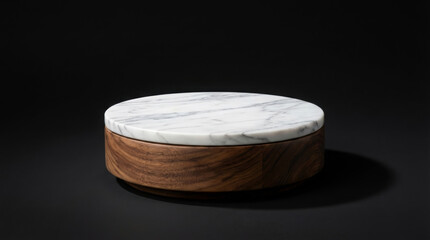Marble top round box with wooden base, Podium mockup, studio shot on black background